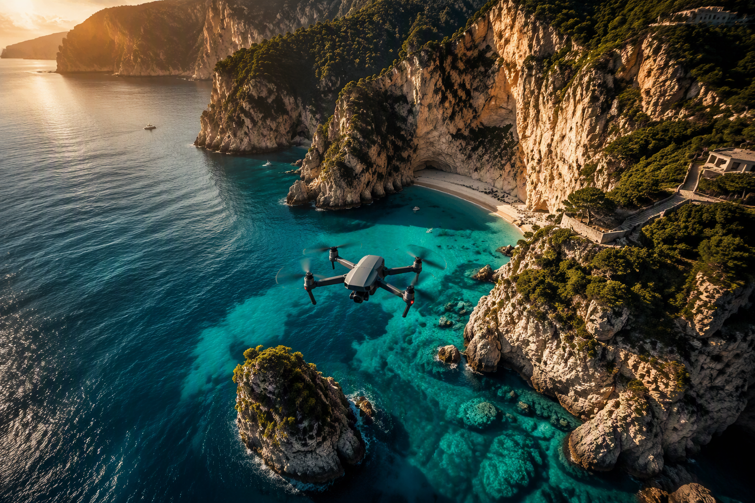 Drone flying over turquoise coastline and cliffs