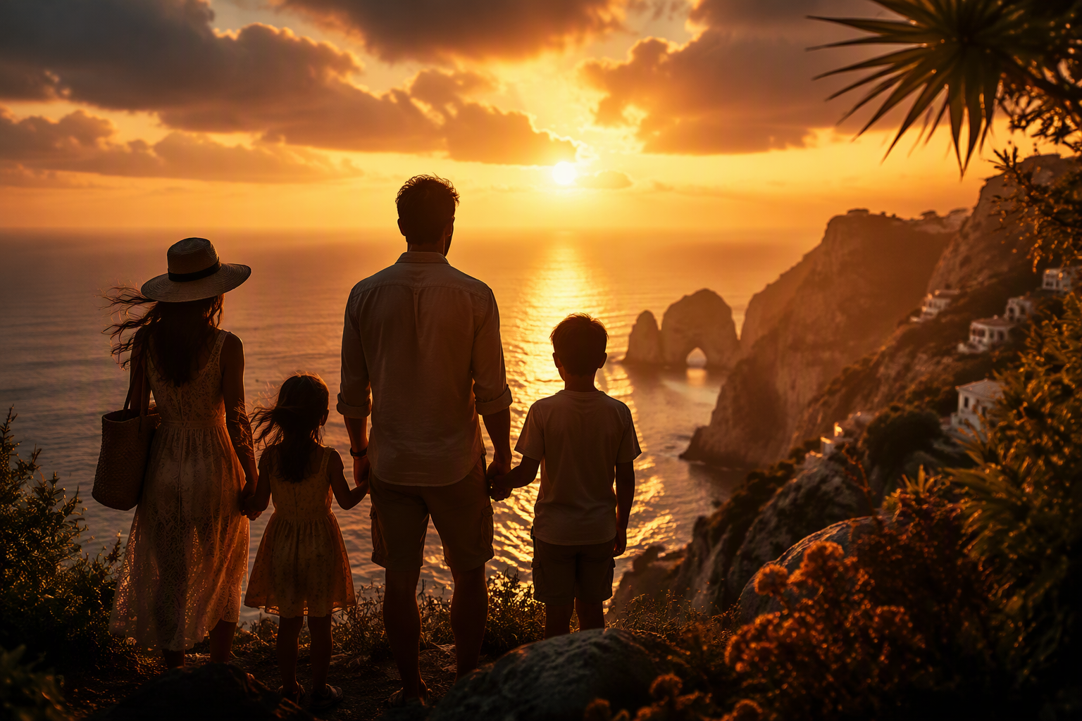 Family travel silhouettes at sunset overlooking the coast