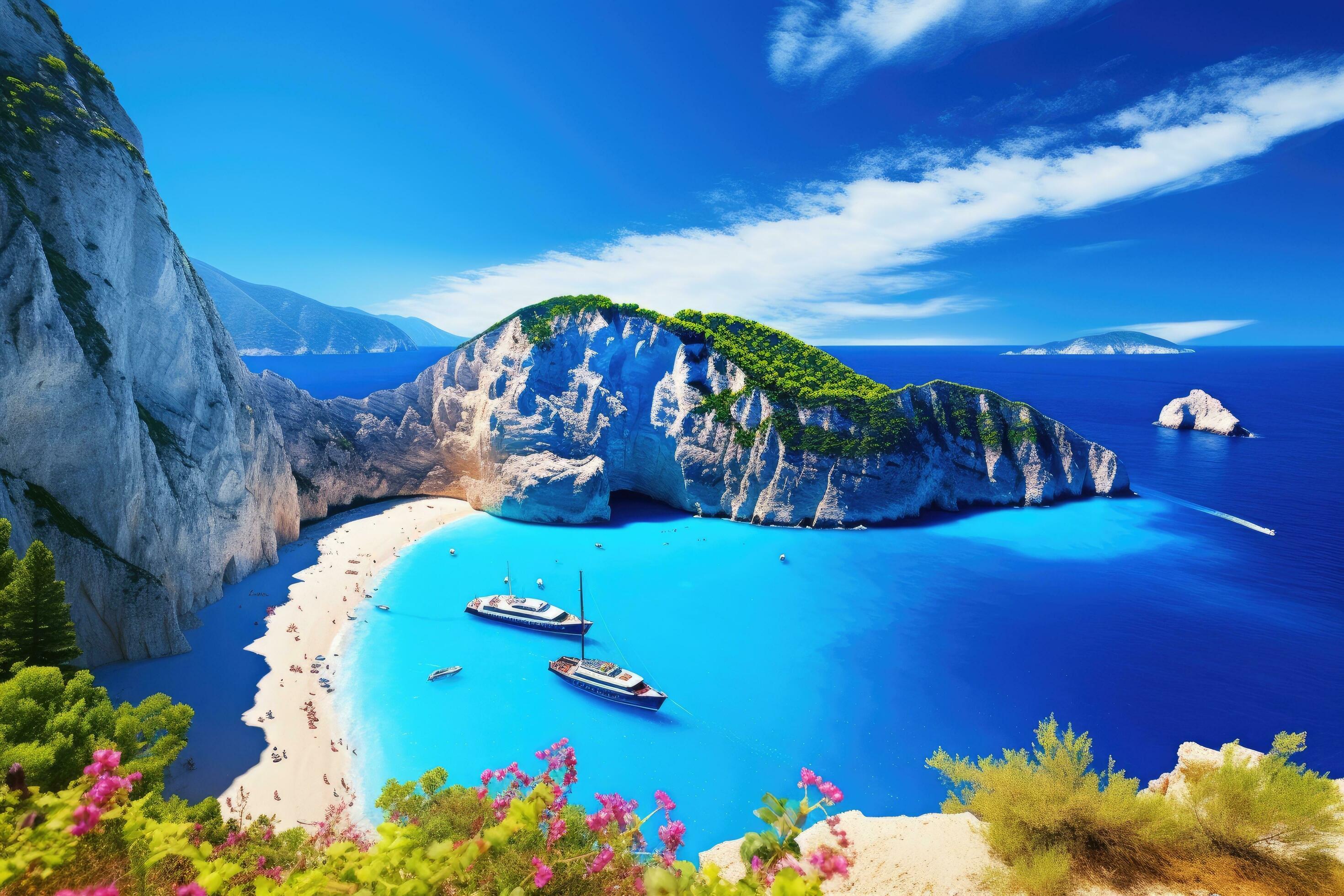 Coastal island scene with blue water and cliffs