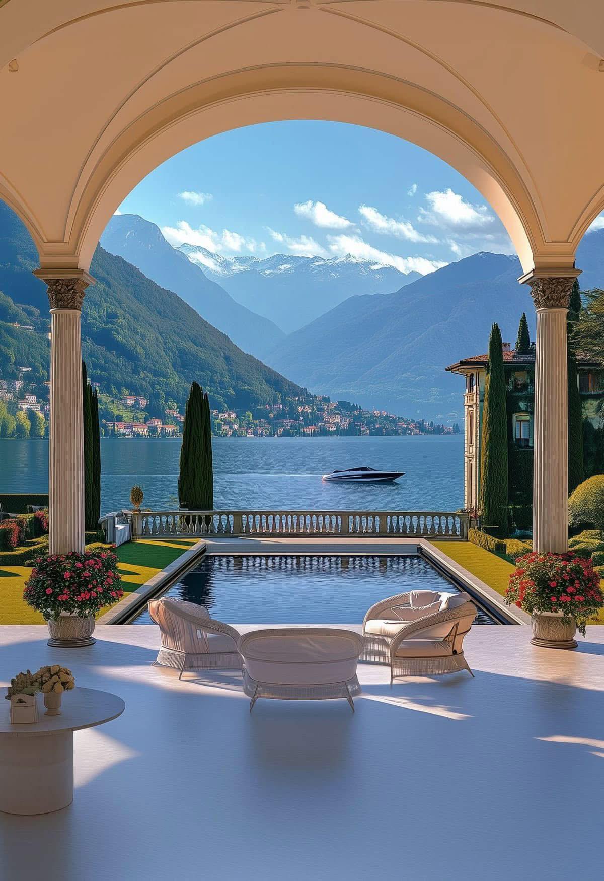 Lakeside travel scene with mountain and water views