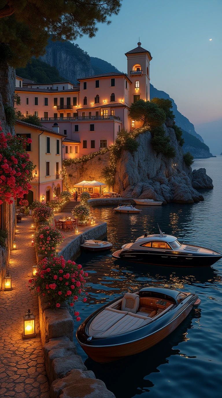 Lakeside village and mountains at golden hour
