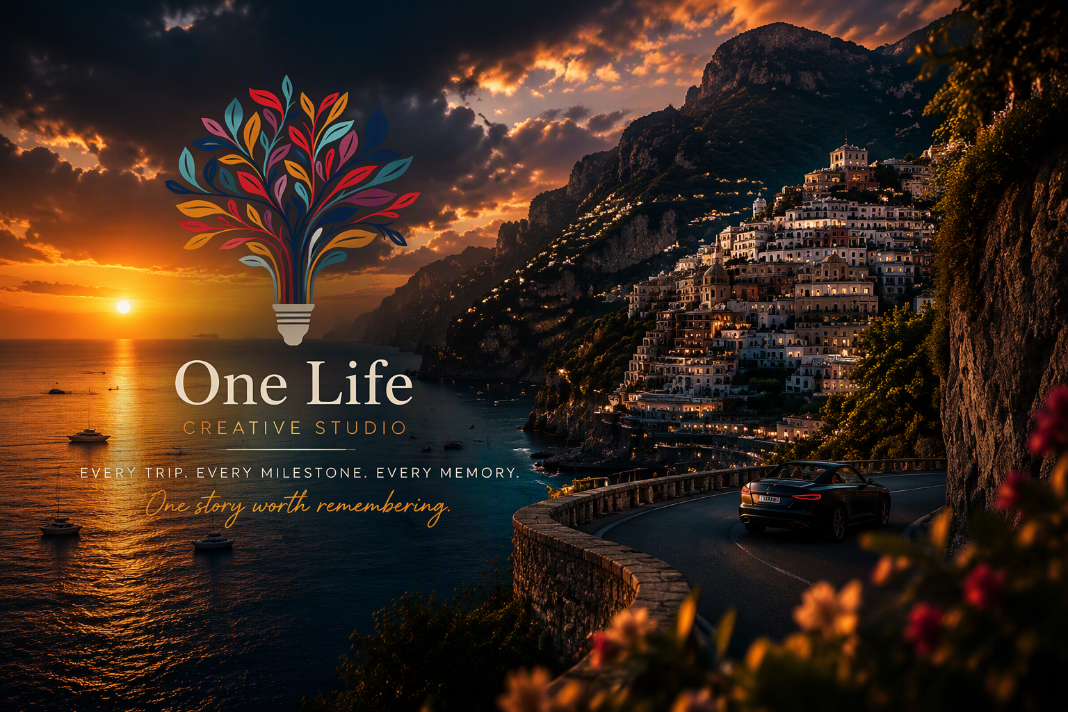 Cinematic coastline at sunset with One Life Creative Studio visual branding