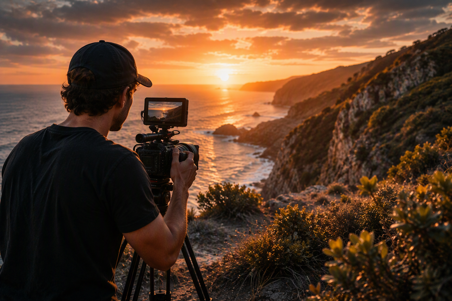 Photographer capturing coastal sunset light for creative inspiration