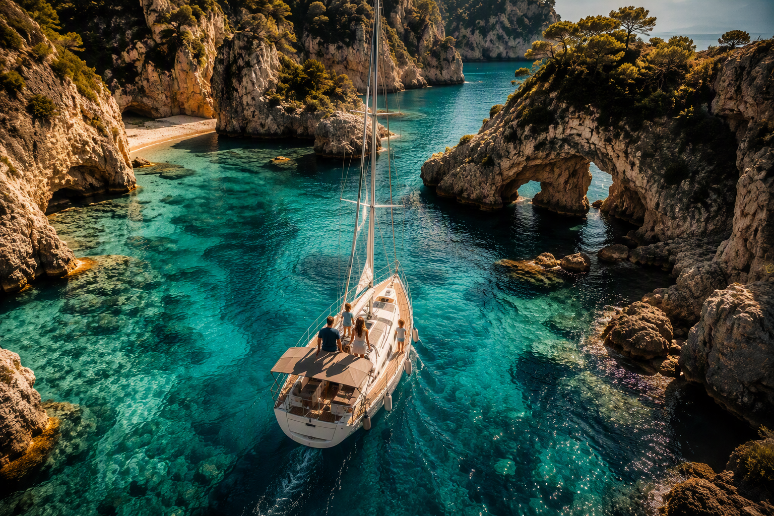 Yacht on turquoise water near a beach and rocky cliffs