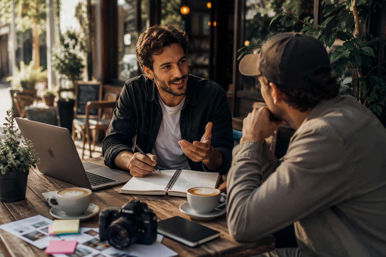 Relaxed mentoring conversation at an outdoor cafe with coffee, notebook and laptop