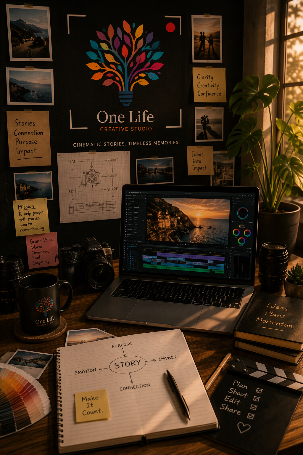 Creative planning workspace with notebook, laptop, camera and warm light